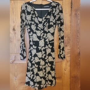 Suzy Shier Black Long Sleeve Dress with Cream Rose Pattern